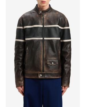 Palm Angels Crystal Pin-Up Biker Leather Jacket - Black