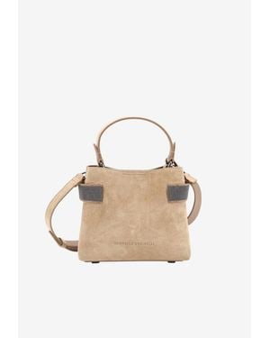 Brunello Cucinelli Monili Embellished Suede Crossbody Bag - Natural