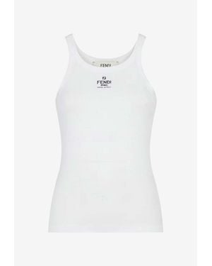 Fendi Logo Embroidered Ribbed Top - White