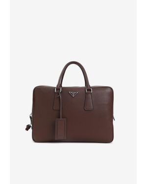 Prada Triangle Logo Leather Briefcase - Brown