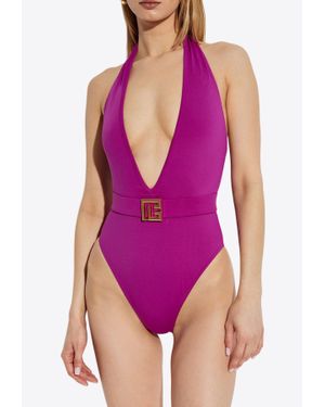 Balmain Pb Buckle Halterneck One-Piece Swimsuit - Purple