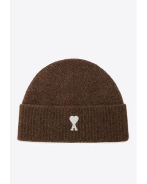 Ami Paris Ami De Coeur Ribbed Knit Beanie - Brown