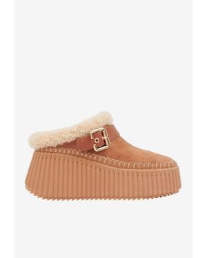 Chloé Nama Shearling Suede Flatform Wedge Mules - Brown