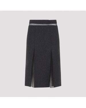 Prada Midi Wool Skirt With Sheer Inset Pleats - Black