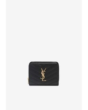 Saint Laurent Cassandre Quilted Compact Zip-Around Wallet - White