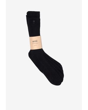 Ami Paris Ami De Coeur Socks -Set Of 3 - Black