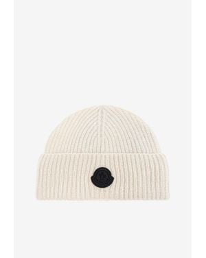 Moncler Logo Patch Wool Beanie - Natural