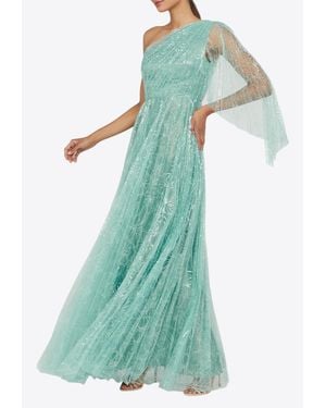 THEIA Carol One-Shoulder Sequined Tulle Gown - Green