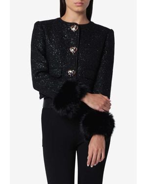 Self-Portrait Metallic Boucle Jacket With Faux Fur Cuffs - Black