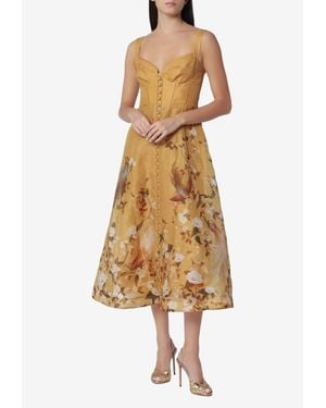 Zimmermann Momentum Floral Silk-Linen Corset Midi Dress - Natural