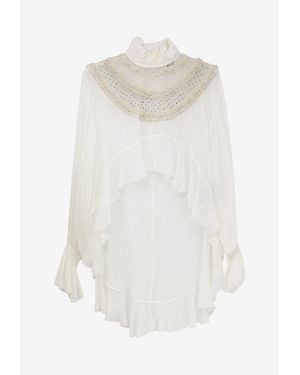 Elisabetta Franchi High-Neck Embellished Ruffle Blouse - White