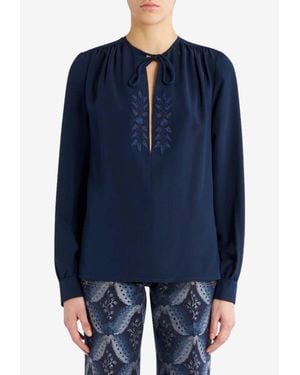 Etro Foliage Embroidered Silk Blouse - Blue