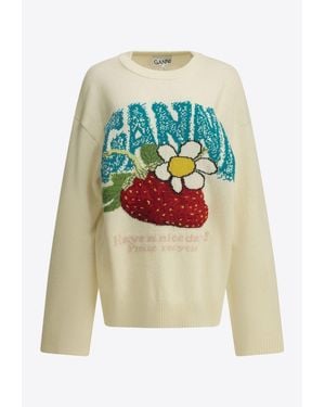 Ganni Intarsia Knit Strawberry Wool Sweater - White