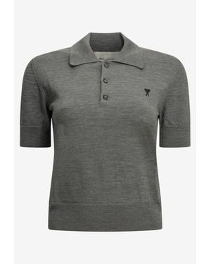 Ami Paris Ami De Coeur Merino Wool Polo T-Shirt - Gray
