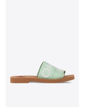 Chloé Woody Logo Embroidered Flat Slides - Green