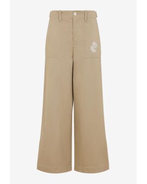 Marni Rose-Embroidered Wide-Leg Pants - Natural