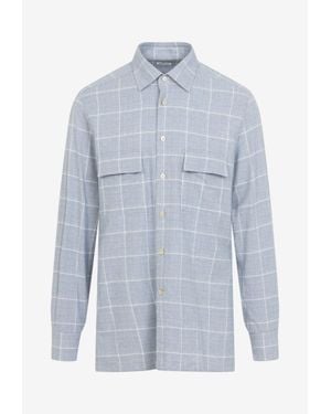 Kiton Windowpane Check Classic Shirt - Blue