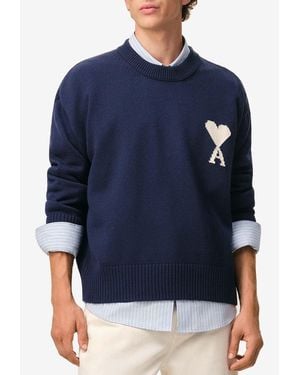 Ami Paris Ami De Coeur Wool Sweater - Blue