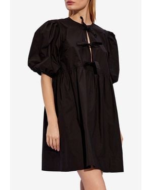 Ganni Puff-Sleeved Mini Dress With Bows - Black