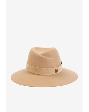 Maison Michel Virginie Suede Hat With Logo-Emblem - Natural