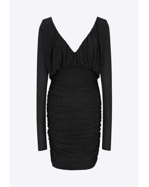 Saint Laurent V-Neck Gathered Mini Dress - Black