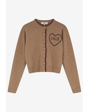 Chloé Heart Logo Ribbed Knit Cardigan - Natural