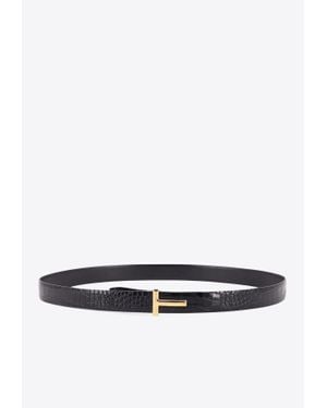 Tom Ford T-Monogram Croc-Embossed Leather Belt - White