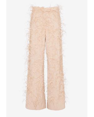 Valentino Feather-Embellished Wool Pants - Natural