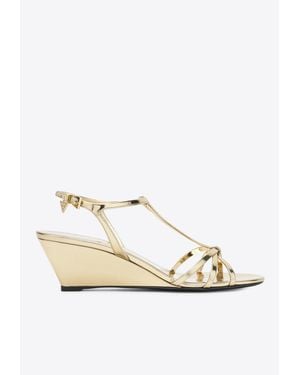 Prada 70 Metallic Leather Wedge Sandals - Natural