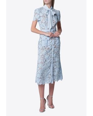 Self-Portrait Tie-Neck Lace Midi Dress - Blue