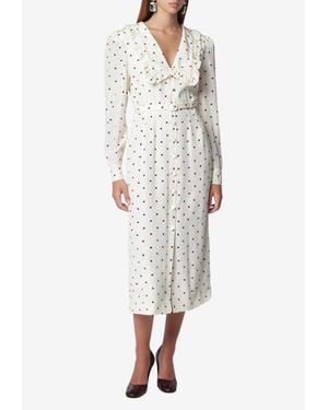 Alessandra Rich Ruffle-Collar Polka Dots Silk Midi Dress - White