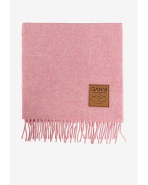 Ganni Virgin Wool Logo Scarf - Pink