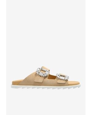 Roger Vivier Crystal-Embellished Leather Slides - White