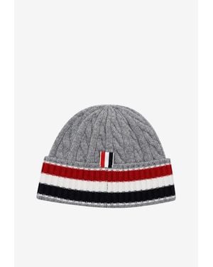 Thom Browne Cable Knit Striped Beanie - Gray