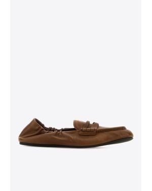 Miu Miu Logo Ruched Nappa Leather Loafers - White