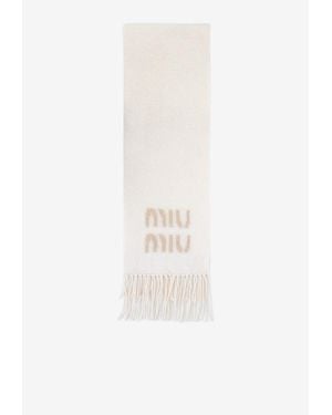 Miu Miu Fringed Mohair-Blend Scarf With Woven Logo - White