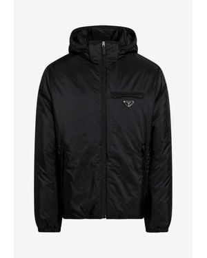 Prada Triangle Logo Padded Jacket With Removable-Hood - Black
