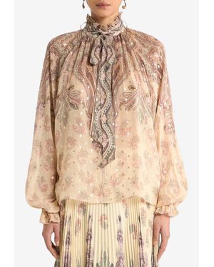 Etro Placed-Print Silk Blouse With Scarf - Natural