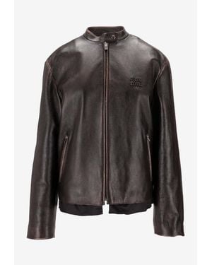 Miu Miu Leather Zip-Up Jacket - Black