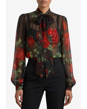 Dolce & Gabbana Rose Print Chiffon Tied Blouse - Black
