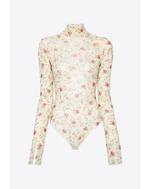 Prada Poppy Print Turtleneck Bodysuit - Natural