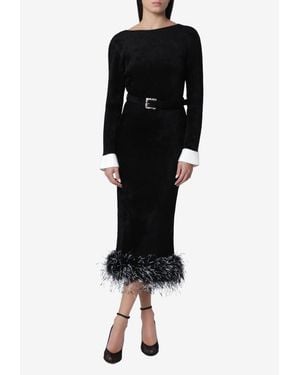 Self-Portrait Feather-Trimmed Midi Chenille Knit Dress - Black