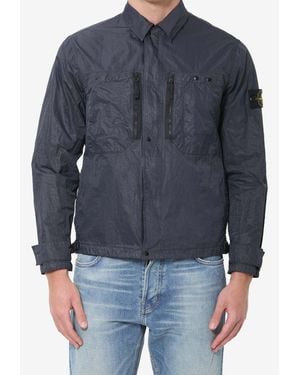 Stone Island Logo Patch Zip-Up Jacket - Blue