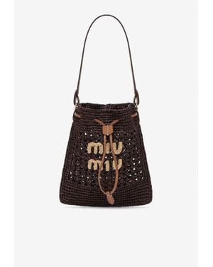 Miu Miu Mini Logo Raffia Bucket Bag - White