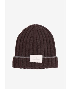 Brunello Cucinelli Logo Patch Ribbed Beanie - Brown