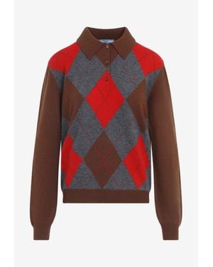 Prada Argyle Knit Cashmere Polo Jumper - Red