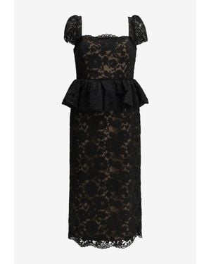 Self-Portrait Floral-Lace Peplum Midi Sheath Dress - Black