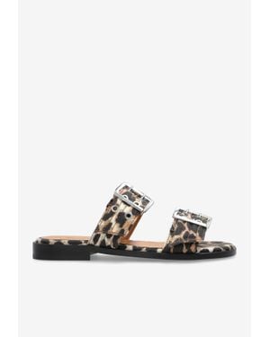 Ganni Leopard Print Two-Strap Slides - White
