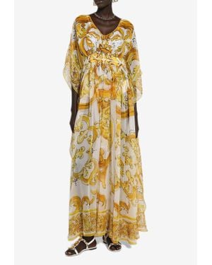 Dolce & Gabbana Majolica Print Silk Chiffon Maxi Dress - Metallic