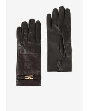 Elisabetta Franchi Croc-Embossed Leather Gloves - Black